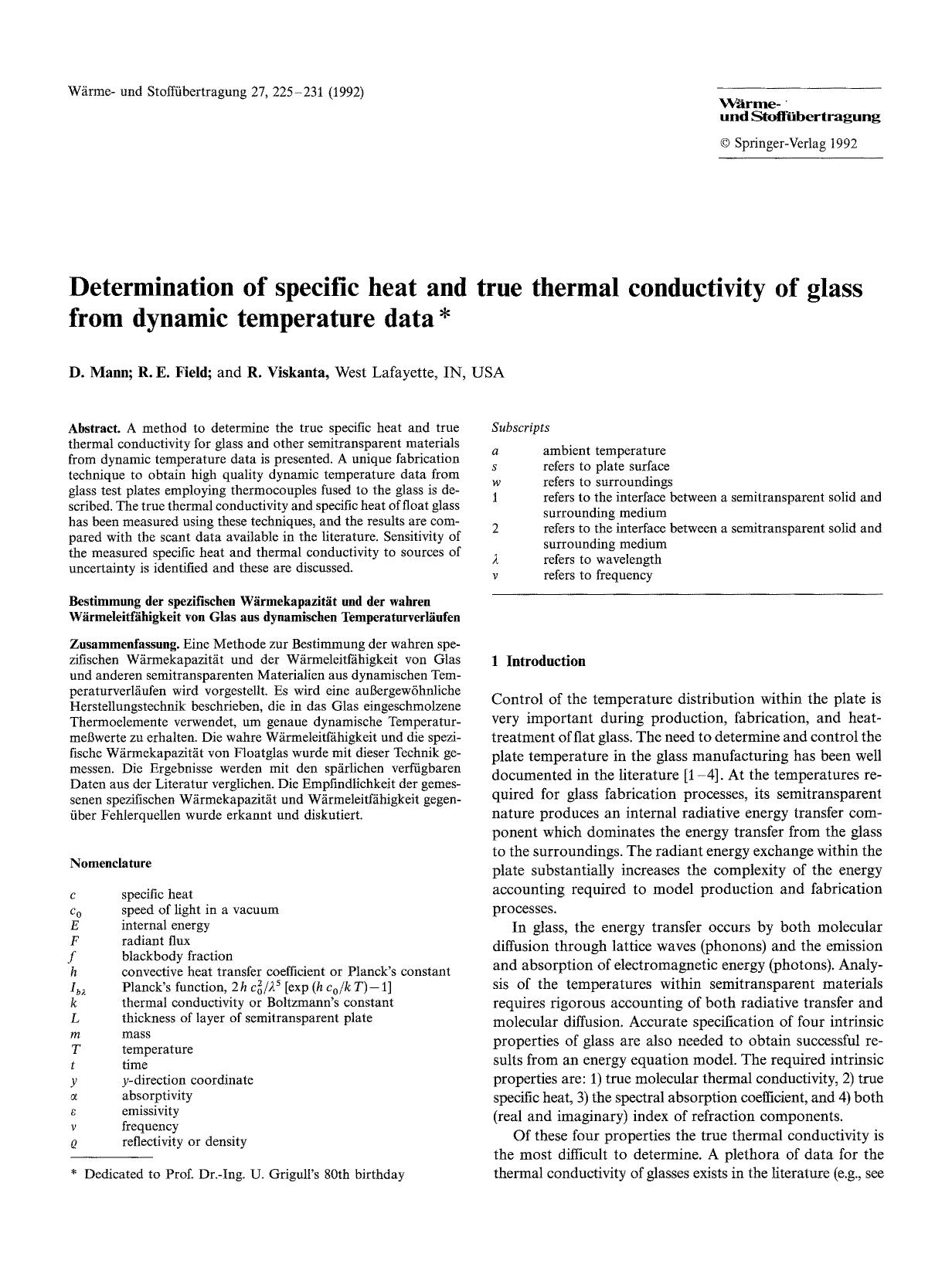 Determination of specific heat and true thermal conductivity of glass from dynamic temperature data by Unknown