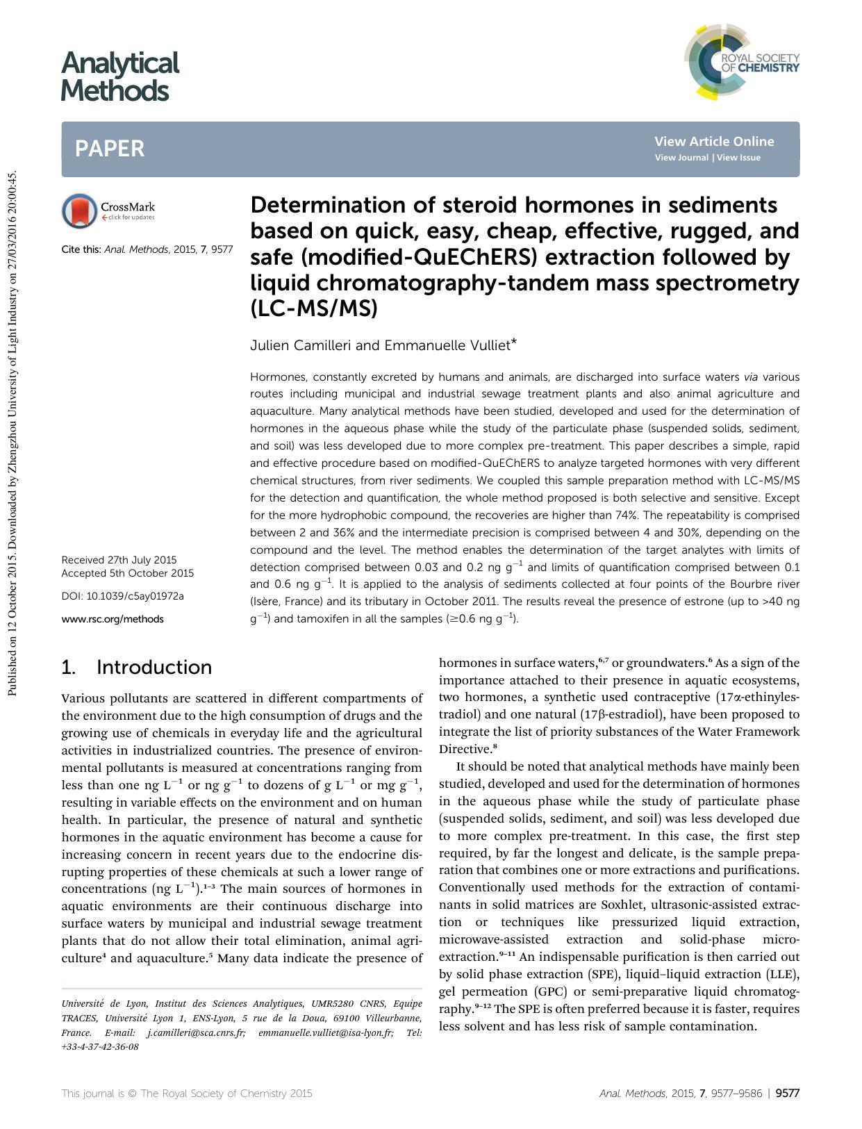 Determination of steroid hormones in sediments based on quick, easy, cheap, effective, rugged, and safe (modified-QuEChERS) extraction followed by liquid chromatography-tandem mass by Julien Camilleri & Emmanuelle Vulliet