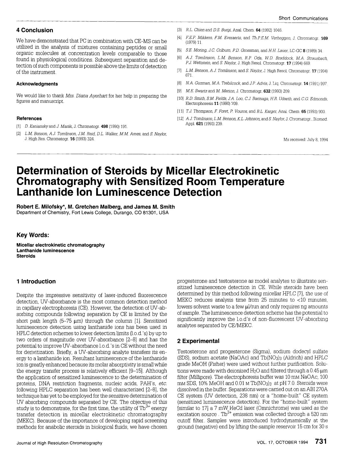 Determination of steroids by micellar electrokinetic chromatography with sensitized room temperature lanthanide ion luminescence detection by Unknown