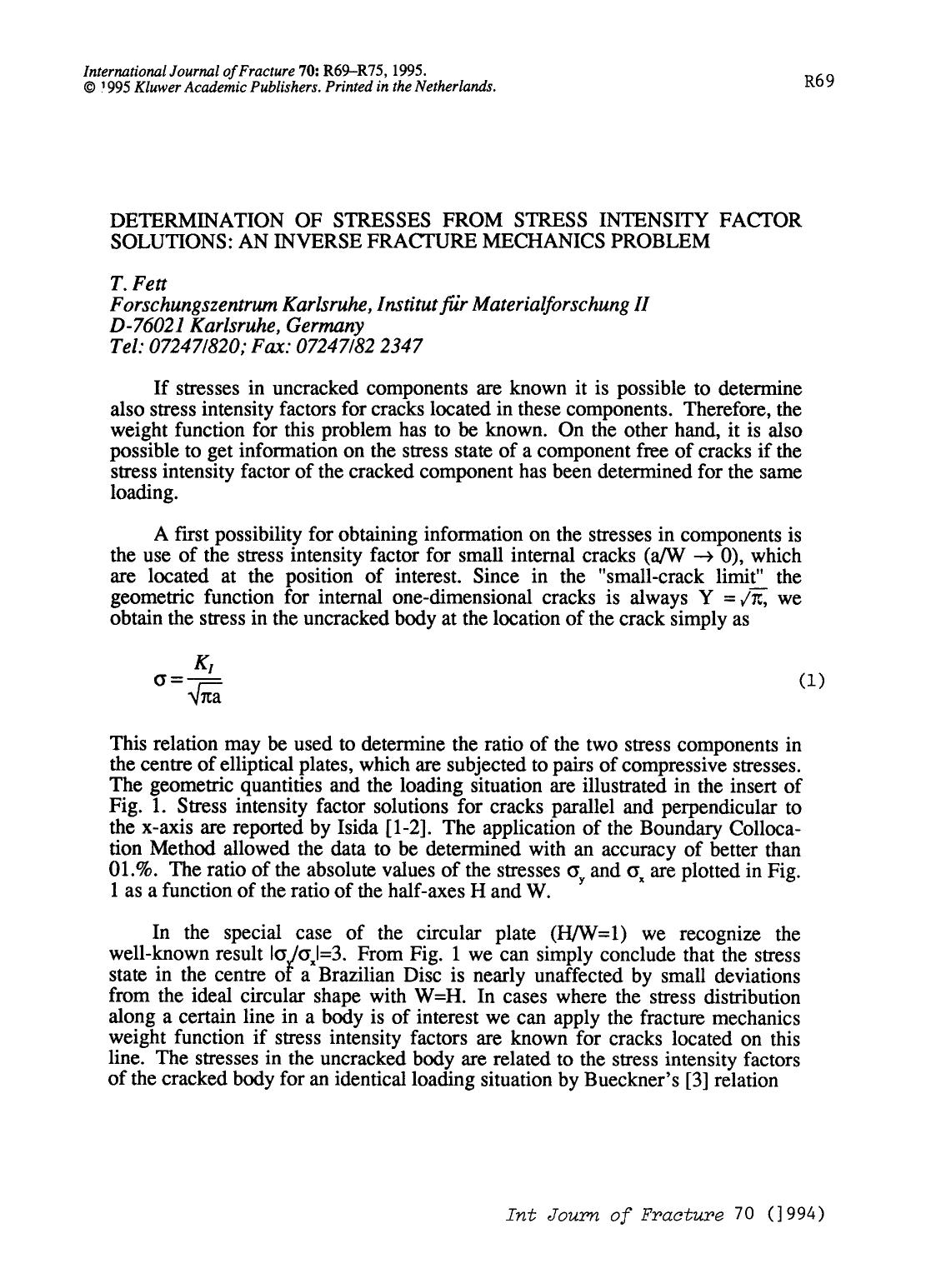Determination of stresses from stress intensity factor solutions: An inverse fracture mechanics problem by Unknown