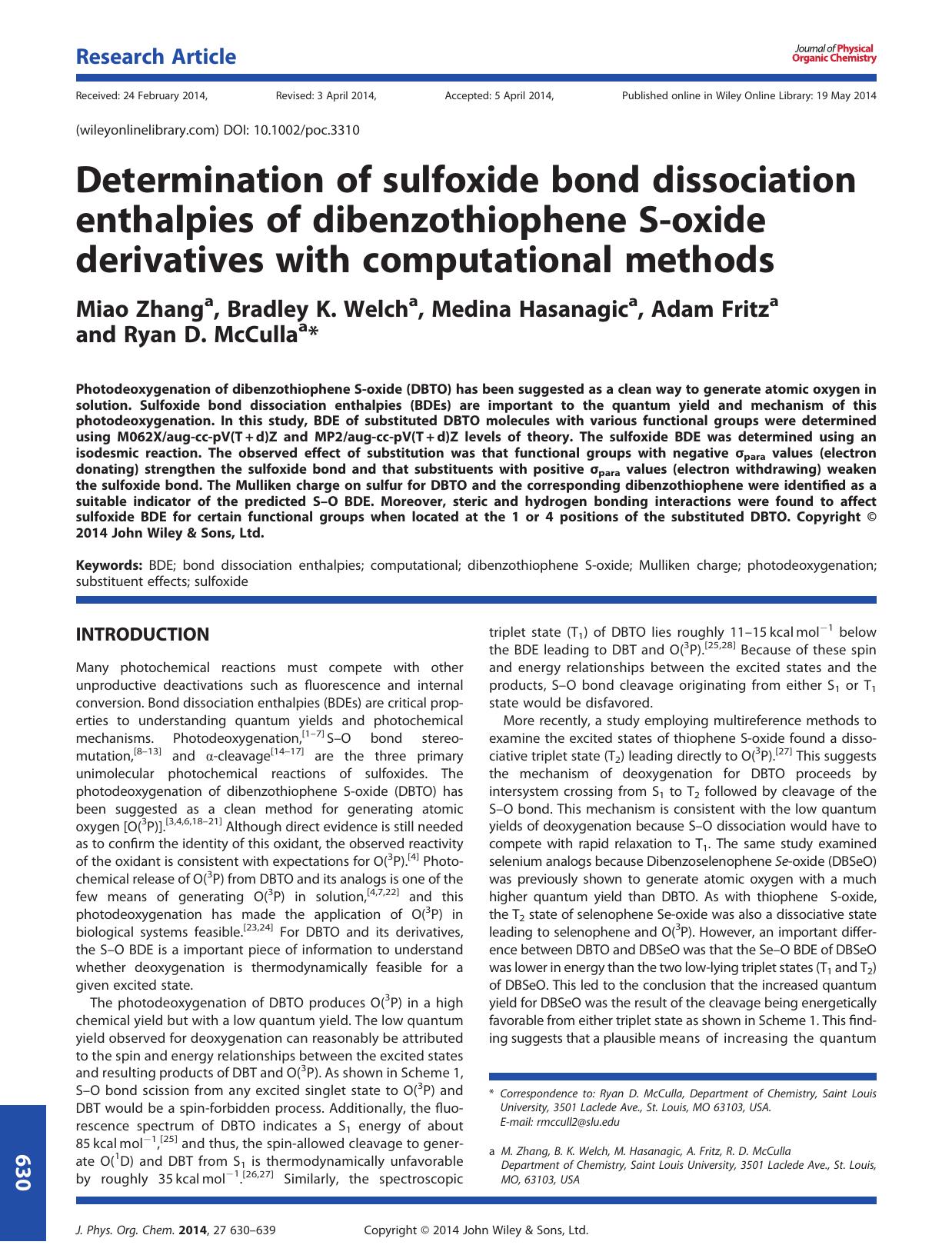 Determination of sulfoxide bond dissociation enthalpies of dibenzothiophene S-oxide derivatives with computational methods by Miao Zhang & Bradley K. Welch & Medina Hasanagic & Adam Fritz & Ryan D. McCulla