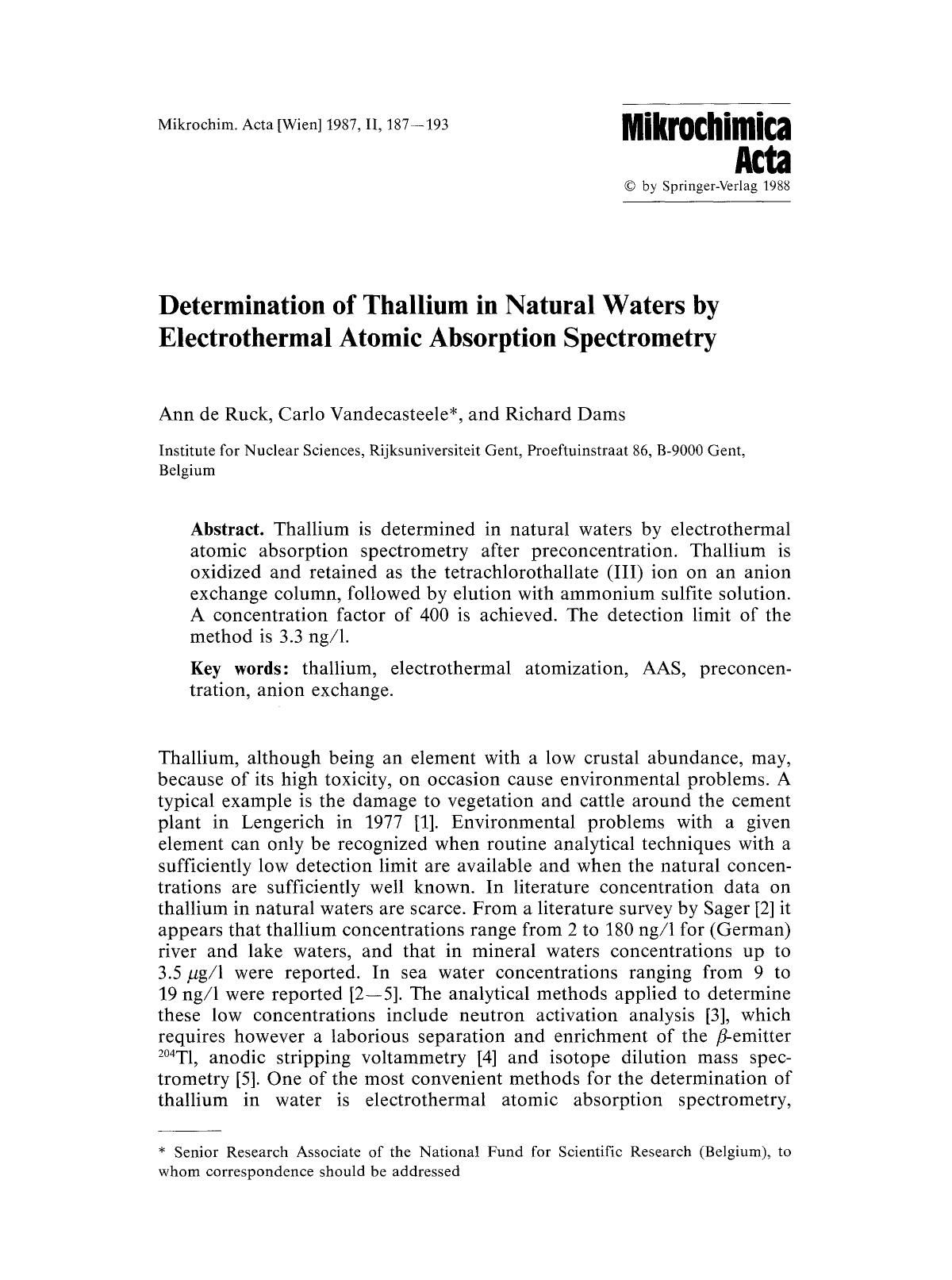 Determination of thallium in natural waters by electrothermal atomic absorption spectrometry by Unknown