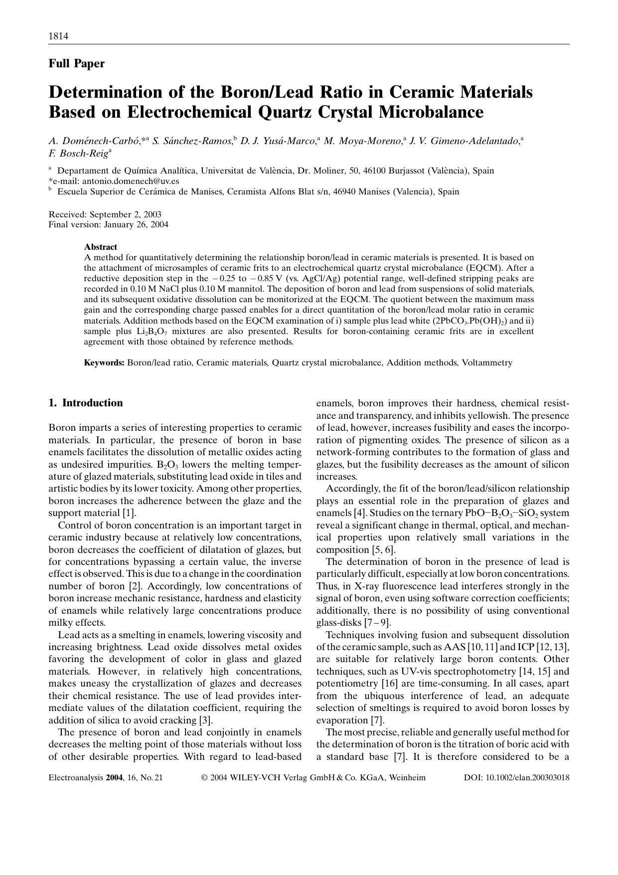Determination of the BoronLead Ratio in Ceramic Materials Based on Electrochemical Quartz Crystal Microbalance by Unknown