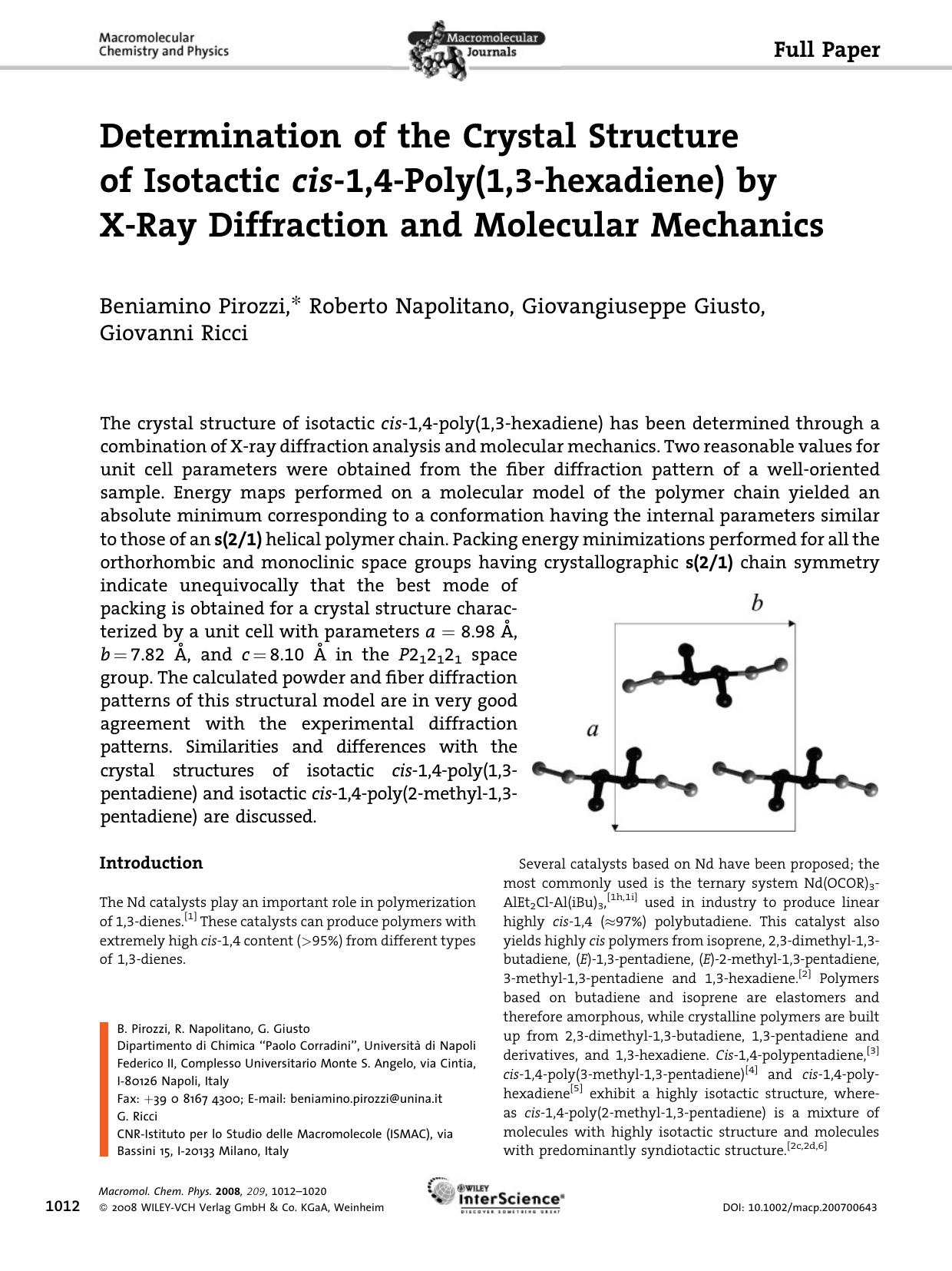 Determination of the Crystal Structure of Isotactic cis-1,4-Poly(1,3-hexadiene) by X-Ray Diffraction and Molecular Mechanics by unknow