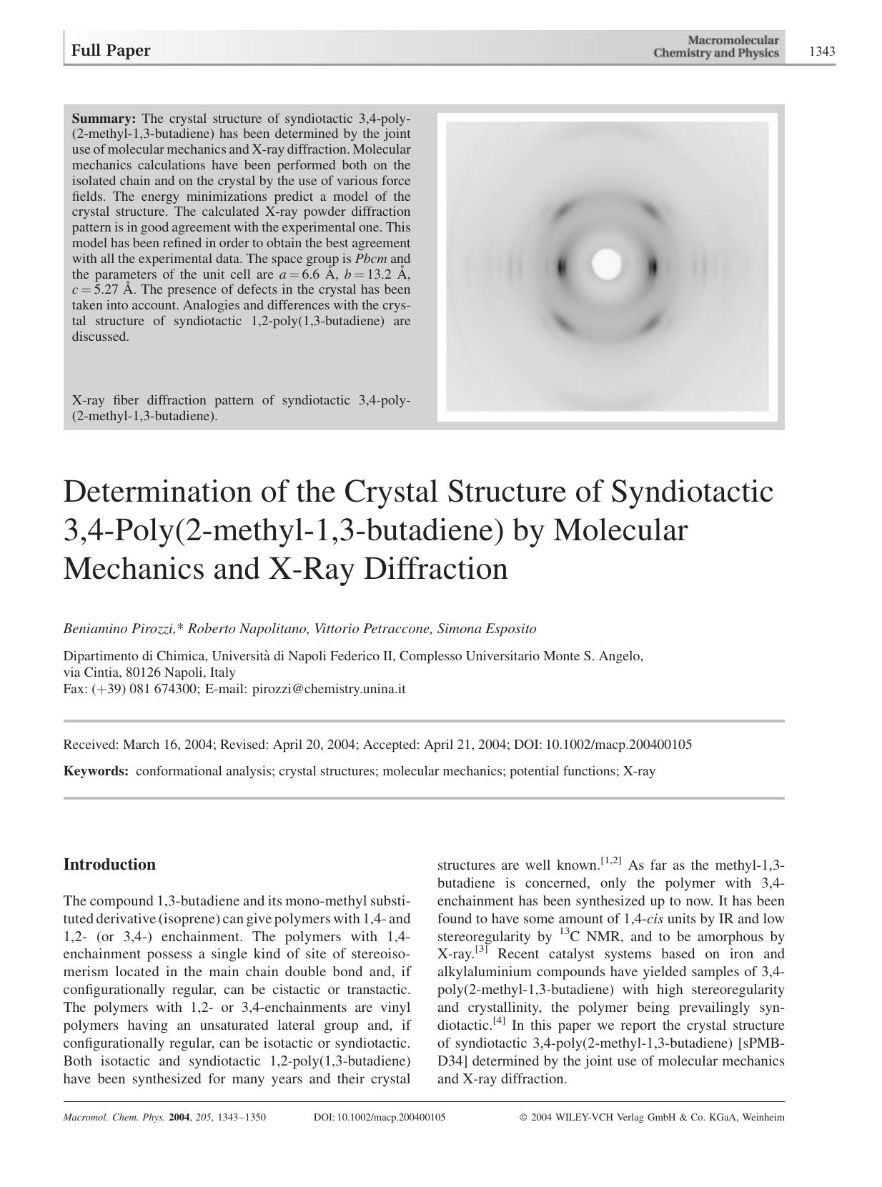 Determination of the Crystal Structure of Syndiotactic 3,4-Poly(2-methyl-1,3-butadiene) by Molecular Mechanics and X-Ray Diffraction by Unknown