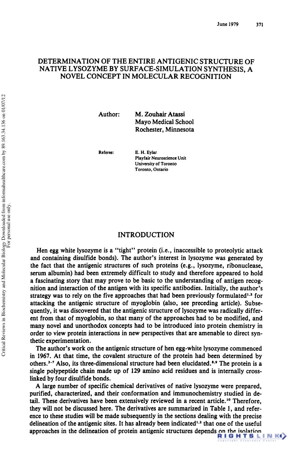 Determination of the Entire Antigenic Structure of Native Lysozyme by Surface-Simulation Synthesis, A Novel Concept in Molecular Recognitio by M. Zouhair Atassi & E. H. Eyiar