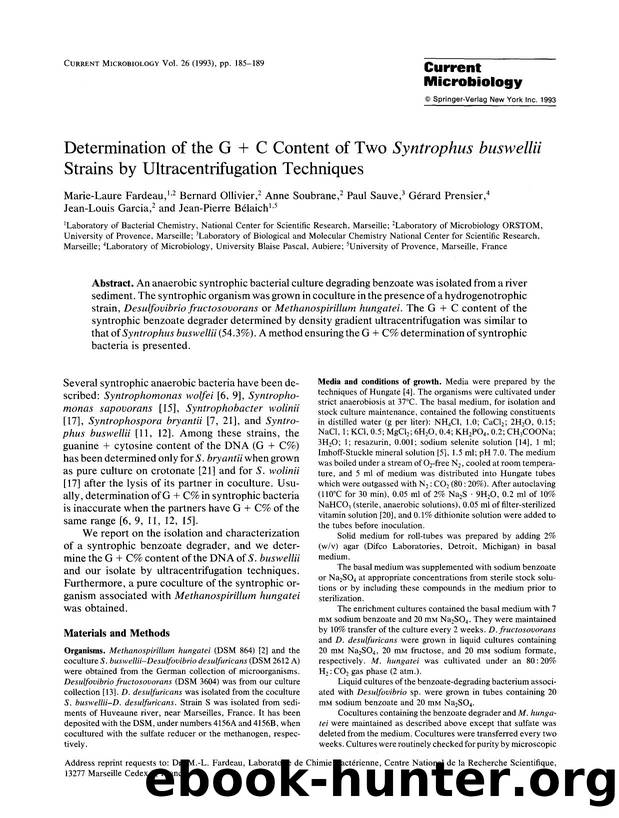 Determination of the G + C content of two <Emphasis Type="Italic">Syntrophus buswellii <Emphasis> strains by ultracentrifugation techniques by Unknown