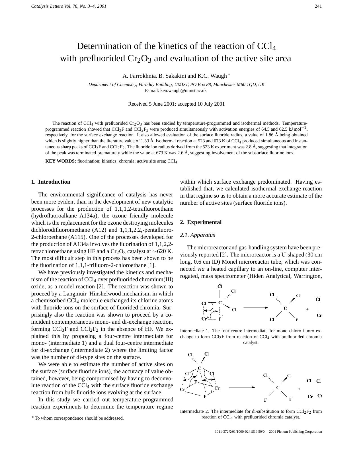 Determination of the Kinetics of the Reaction of CCl4 with Prefluorided Cr2O3 and Evaluation of the Active Site Area by Unknown