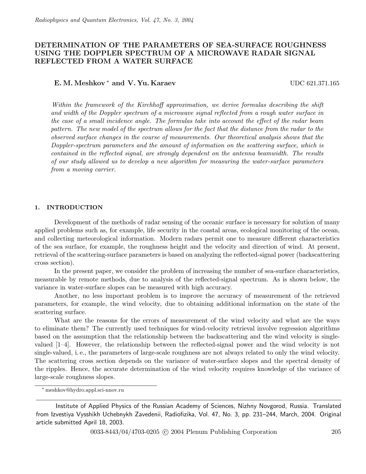 Determination of the Parameters of Sea-Surface Roughness Using the Doppler Spectrum of a Microwave Radar Signal Reflected from a Water Surface by Unknown