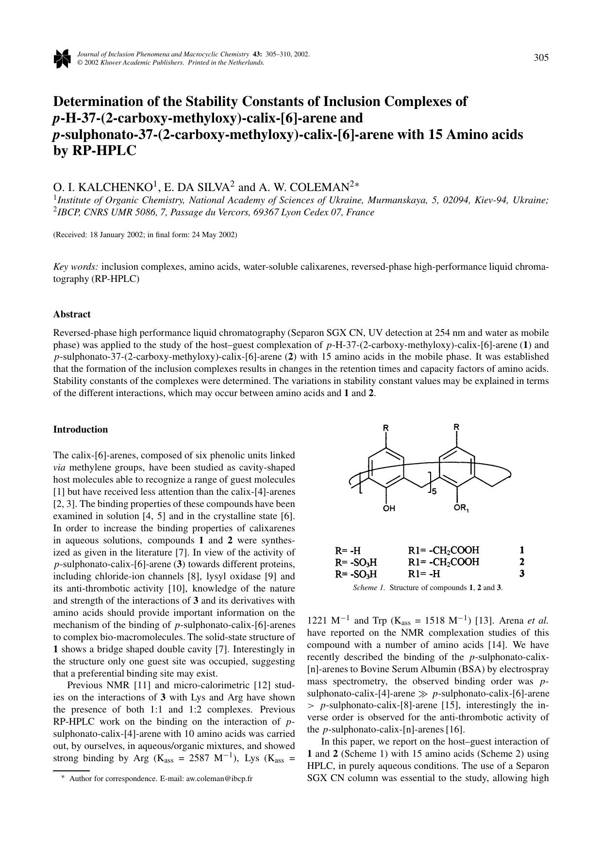 Determination of the Stability Constants of Inclusion Complexes of <Emphasis Type="BoldItalic">p<Emphasis>-H-37-(2-carboxy-methyloxy)-calix-[6]-arene and <Emphasis Type="BoldItalic by Unknown