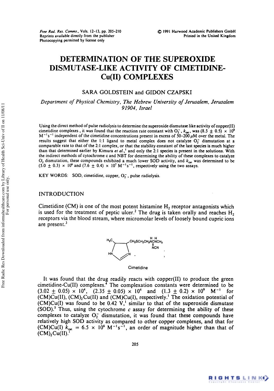 Determination of the Superoxide Dismutase-Like Activity of Cimetidine-Cu(II) Complexes by Sara Goldstein1 & Gidon Czapski1
