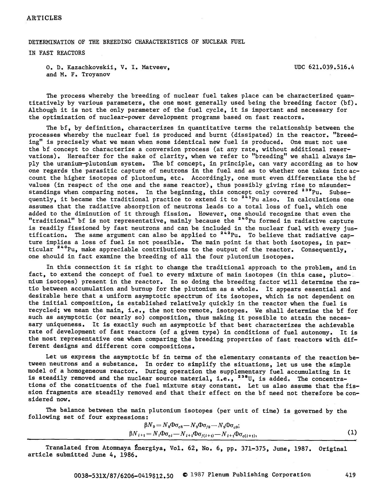 Determination of the breeding characteristics of nuclear fuel in fast reactors by Unknown