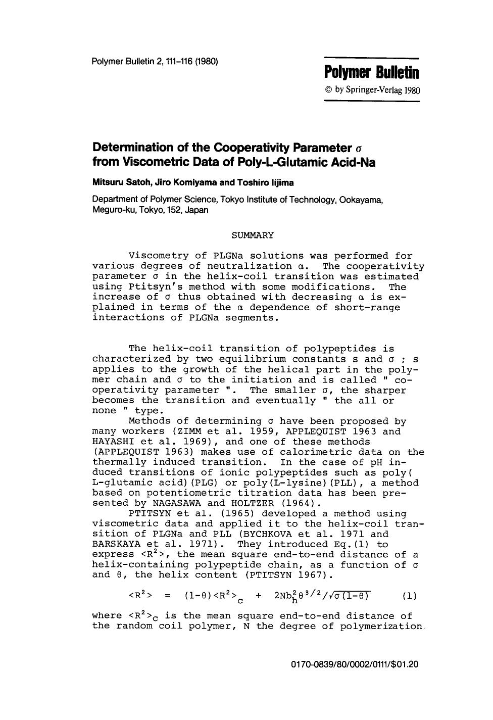 Determination of the cooperativity parameter σ from viscometric data of poly-L-glutamic acid-Na by Unknown