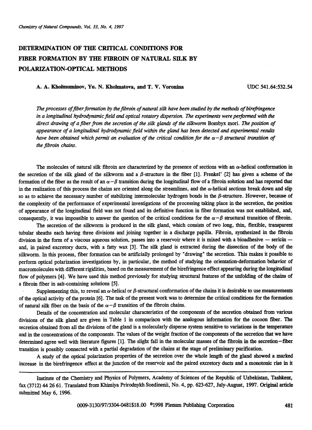 Determination of the critical conditions for fiber formation by the fibroin of natural silk by polarization-optical methods by Unknown