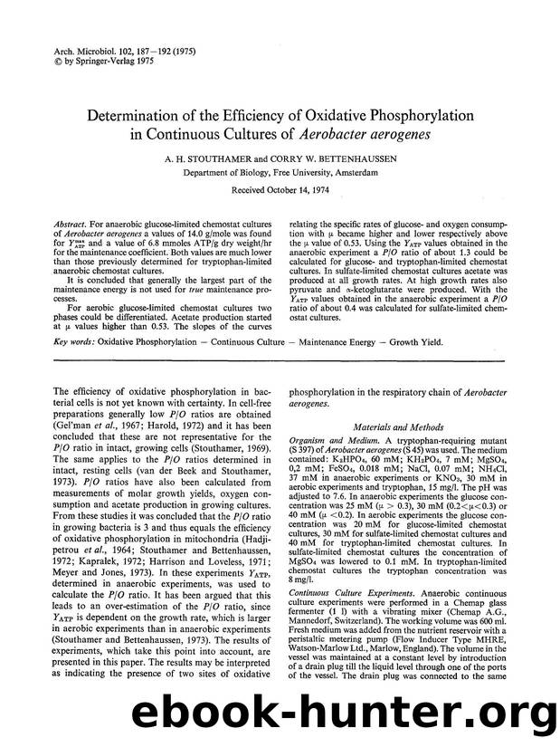 Determination of the efficiency of oxidative phosphorylation in continuous cultures of <Emphasis Type="Italic">Aerobacter aerogenes<Emphasis> by Unknown