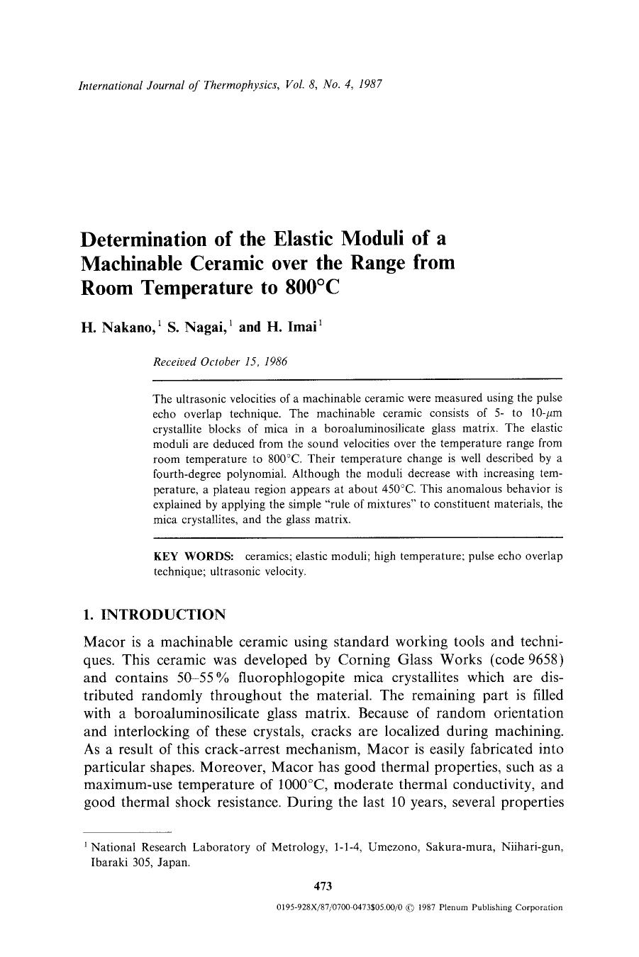 Determination of the elastic moduli of a machinable ceramic over the range from room temperature to 800°C by Unknown