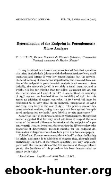 Determination of the endpoint in potentiometric micro analyses by F.L. Hahn
