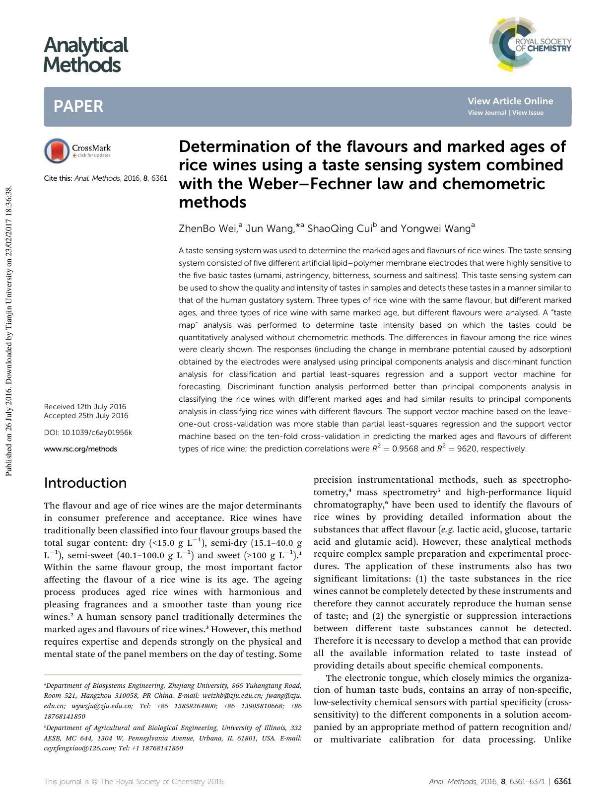 Determination of the flavours and marked ages of rice wines using a taste sensing system combined with the WeberâFechner law and chemometric methods by ZhenBo Wei & Jun Wang & ShaoQing Cui & Yongwei Wang