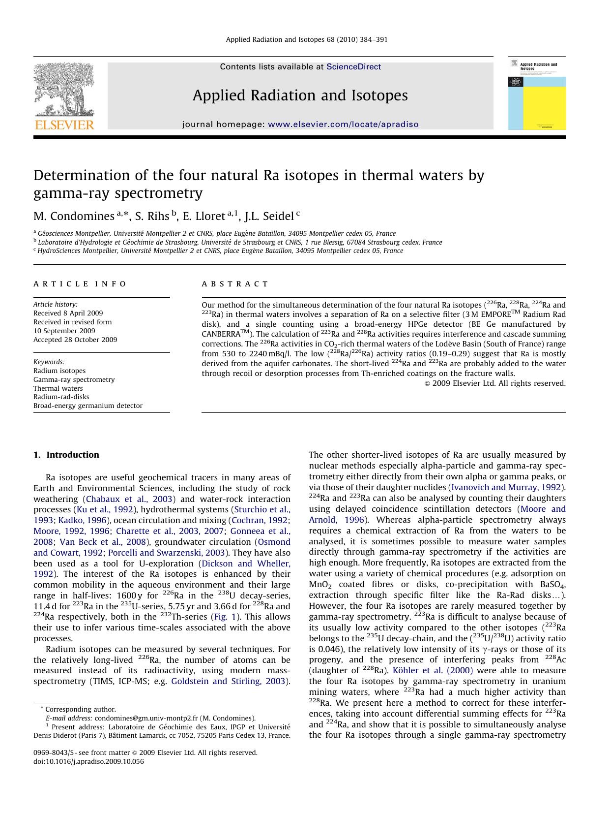 Determination of the four natural Ra isotopes in thermal waters by gamma-ray spectrometry by M. Condomines; S. Rihs; E. Lloret; J.L. Seidel