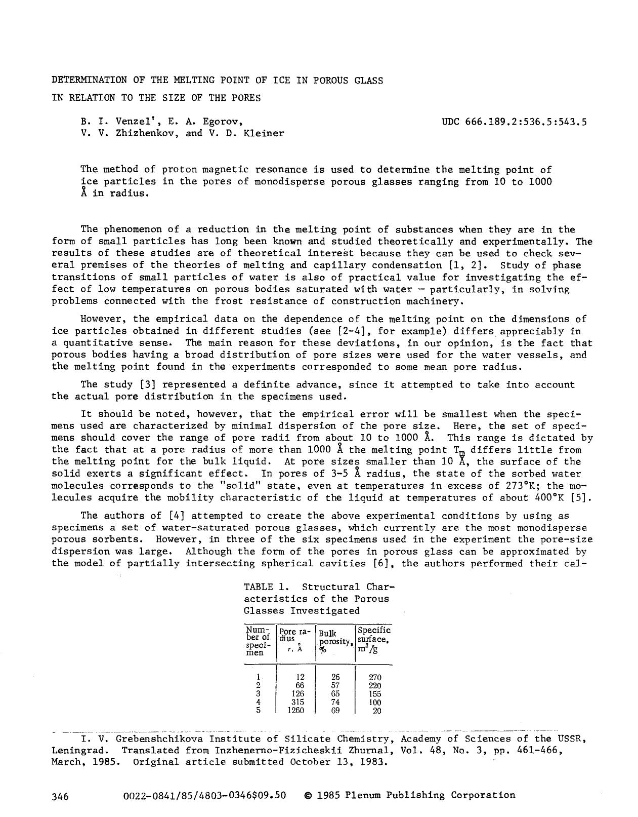 Determination of the melting point of ice in porous glass in relation to the size of the pores by Unknown