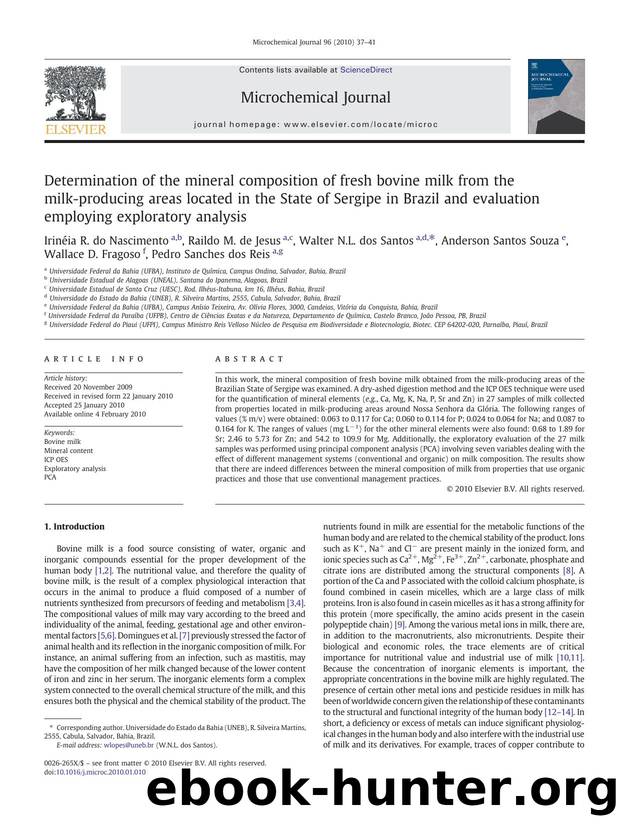 Determination of the mineral composition of fresh bovine milk from the milk-producing areas located in the State of Sergipe in Brazil and evaluation employing exploratory analysis by unknow