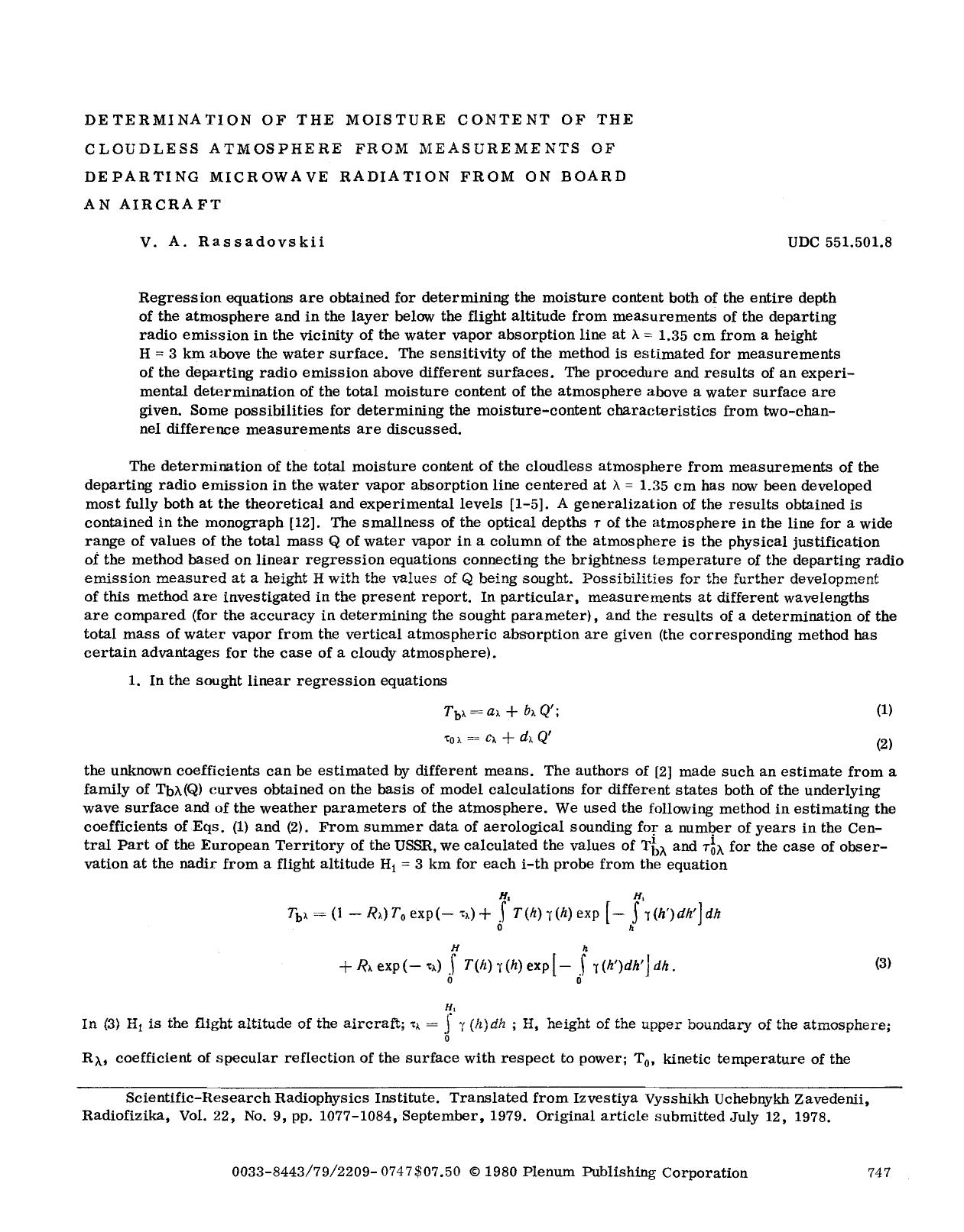 Determination of the moisture content of the cloudless atmosphere from measurements of departing microwave radiation from on board an aircraft by Unknown