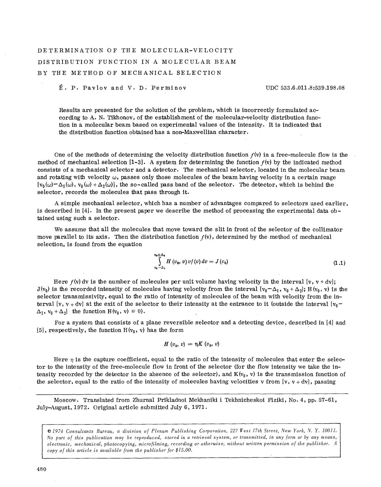Determination of the molecular-velocity distribution function in a molecular beam by the method of mechanical selection by Unknown