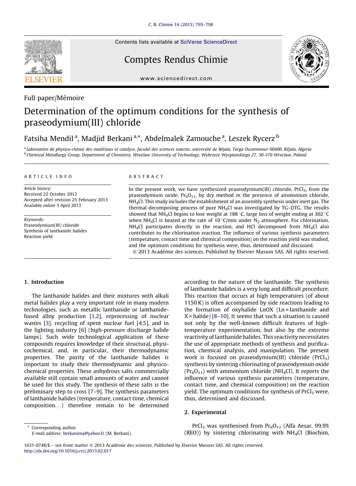 Determination of the optimum conditions for the synthesis of praseodymium(III) chloride by Fatsiha Mendil & Madjid Berkani & Abdelmalek Zamouche & Leszek Rycerz