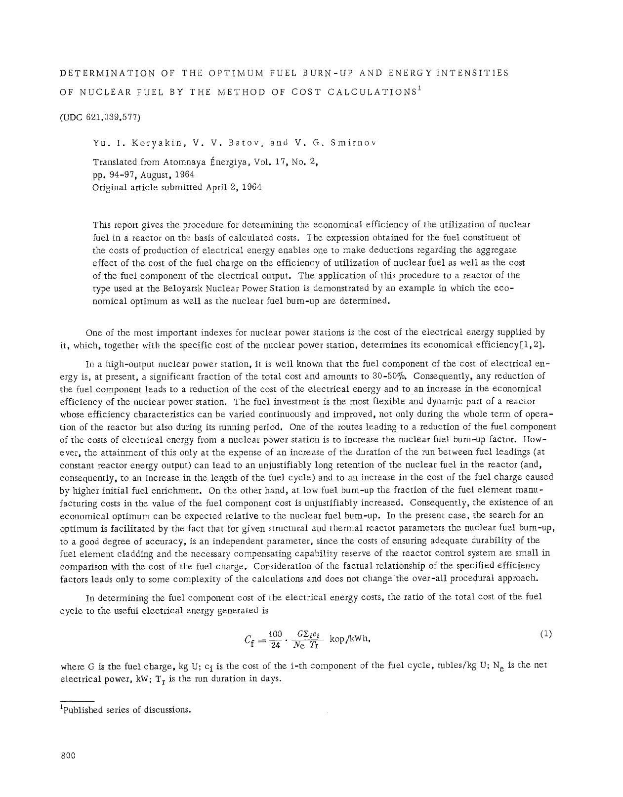 Determination of the optimum fuel burn-up and energy intensities of nuclear fuel by the method of cost calculations by Unknown
