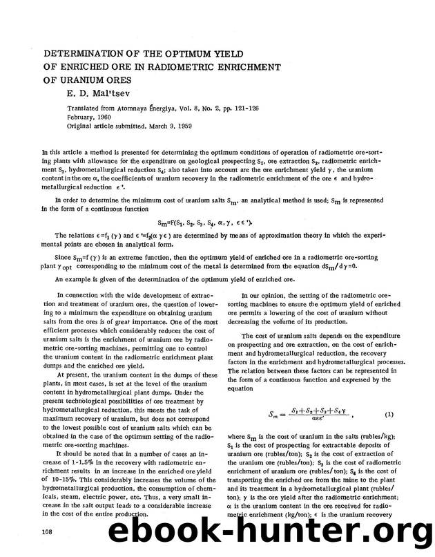 Determination of the optimum yield of enriched ore in radiometric enrichment of uranium ores by Unknown