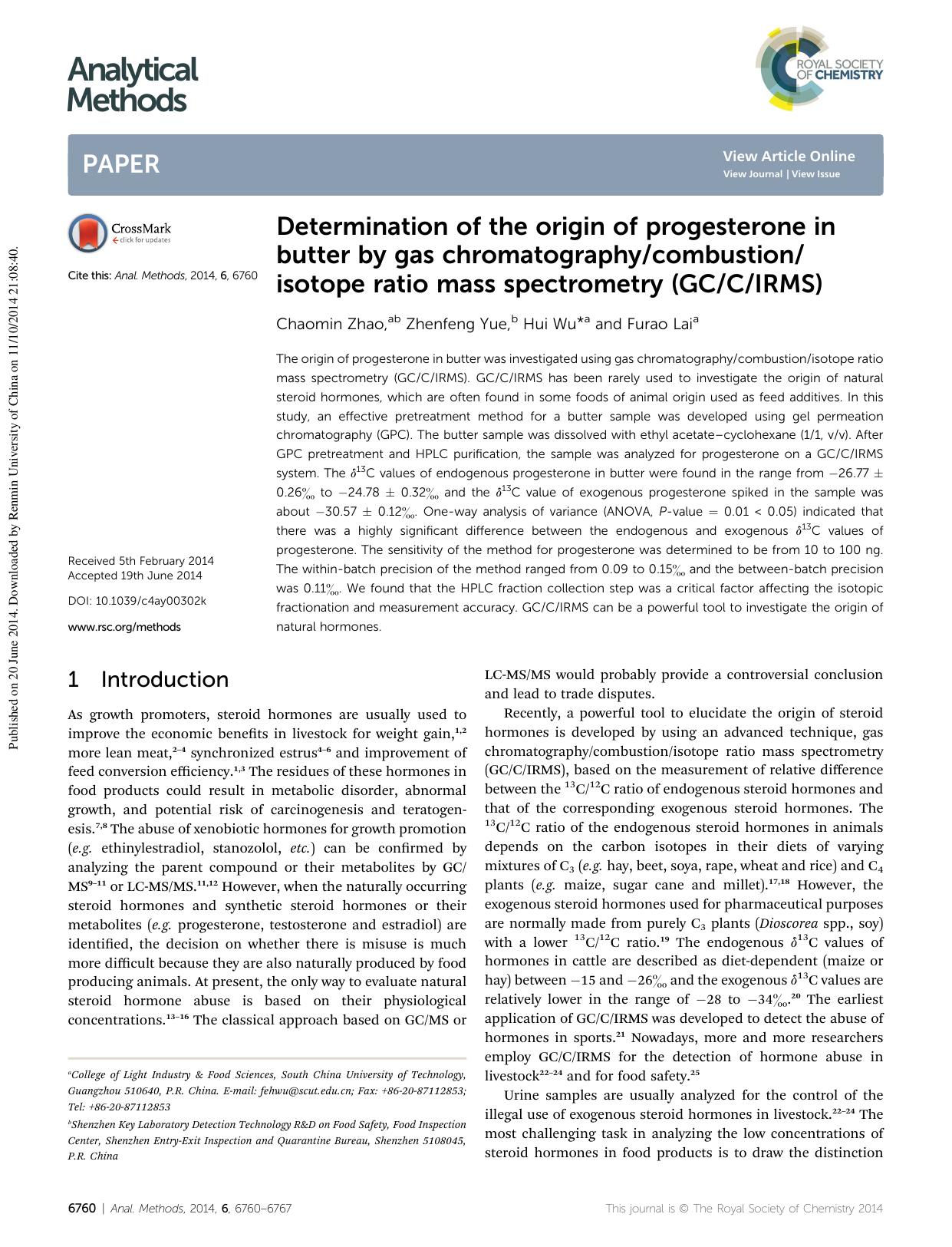 Determination of the origin of progesterone in butter by gas chromatographycombustionisotope ratio mass spectrometry (GCCIRMS) by Chaomin Zhao & Zhenfeng Yue & Hui Wu & Furao Lai