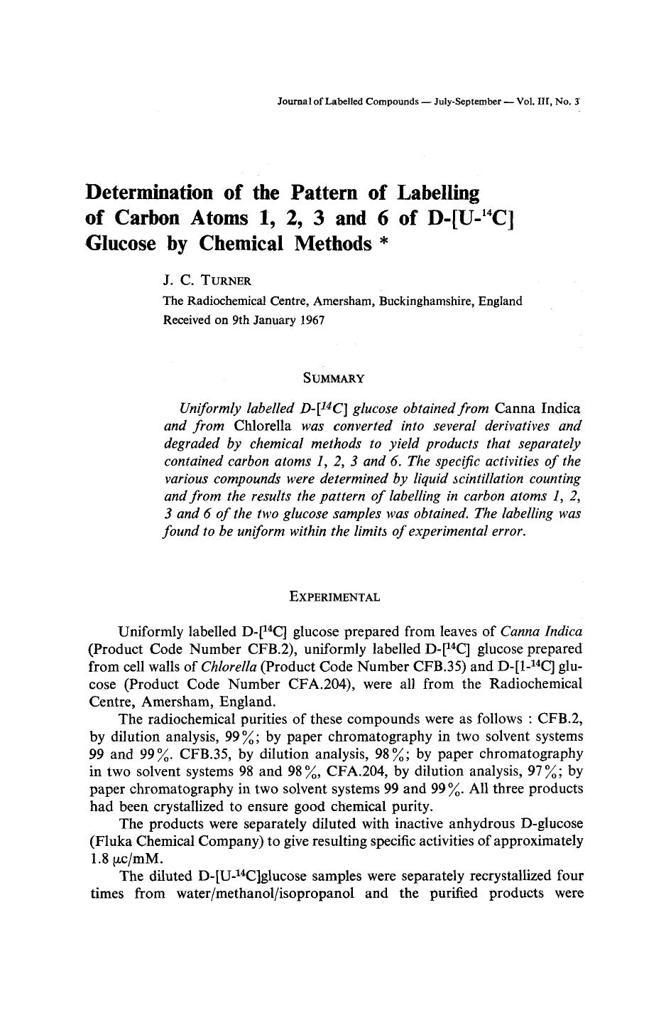 Determination of the pattern of labelling of carbon atoms 1, 2, 3 and 6 of D-[U-14C] glucose by chemical methods by Unknown