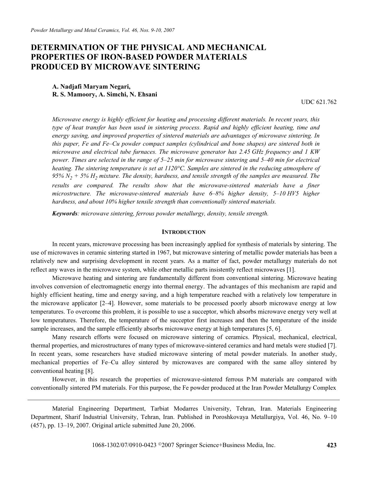 Determination of the physical and mechanical properties of iron-based powder materials produced by microwave sintering by Unknown