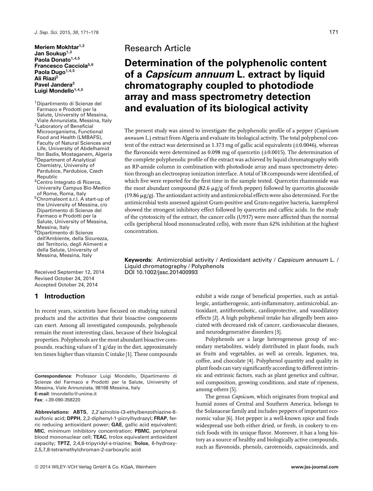 Determination of the polyphenolic content of a <i>Capsicum annuum<i> L. extract by liquid chromatography coupled to photodiode array and mass spectrometry detection and evaluation by Unknown