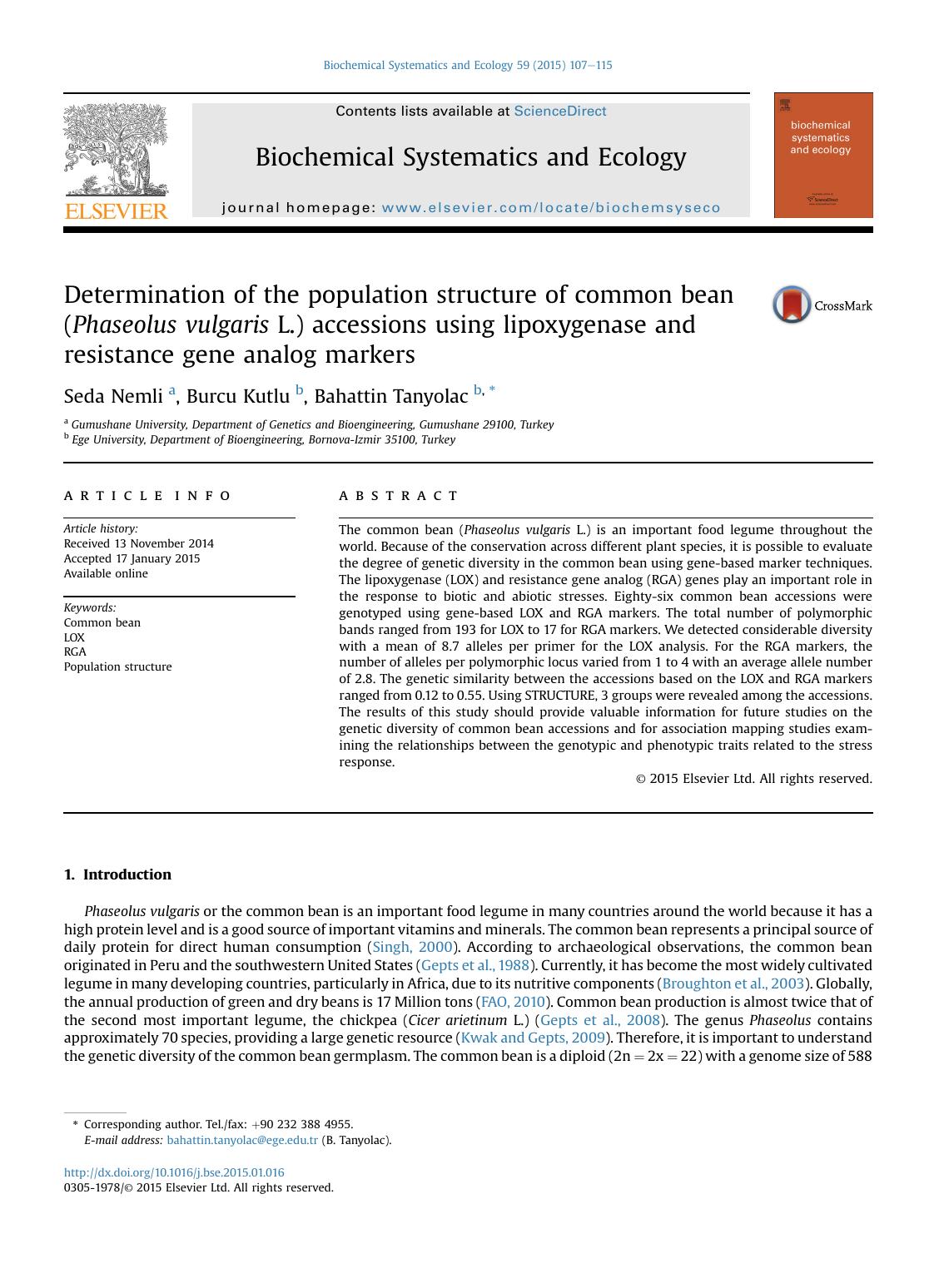 Determination of the population structure of common bean (Phaseolus vulgaris L.) accessions using lipoxygenase and resistance gene analog markers by Seda Nemli & Burcu Kutlu & Bahattin Tanyolac