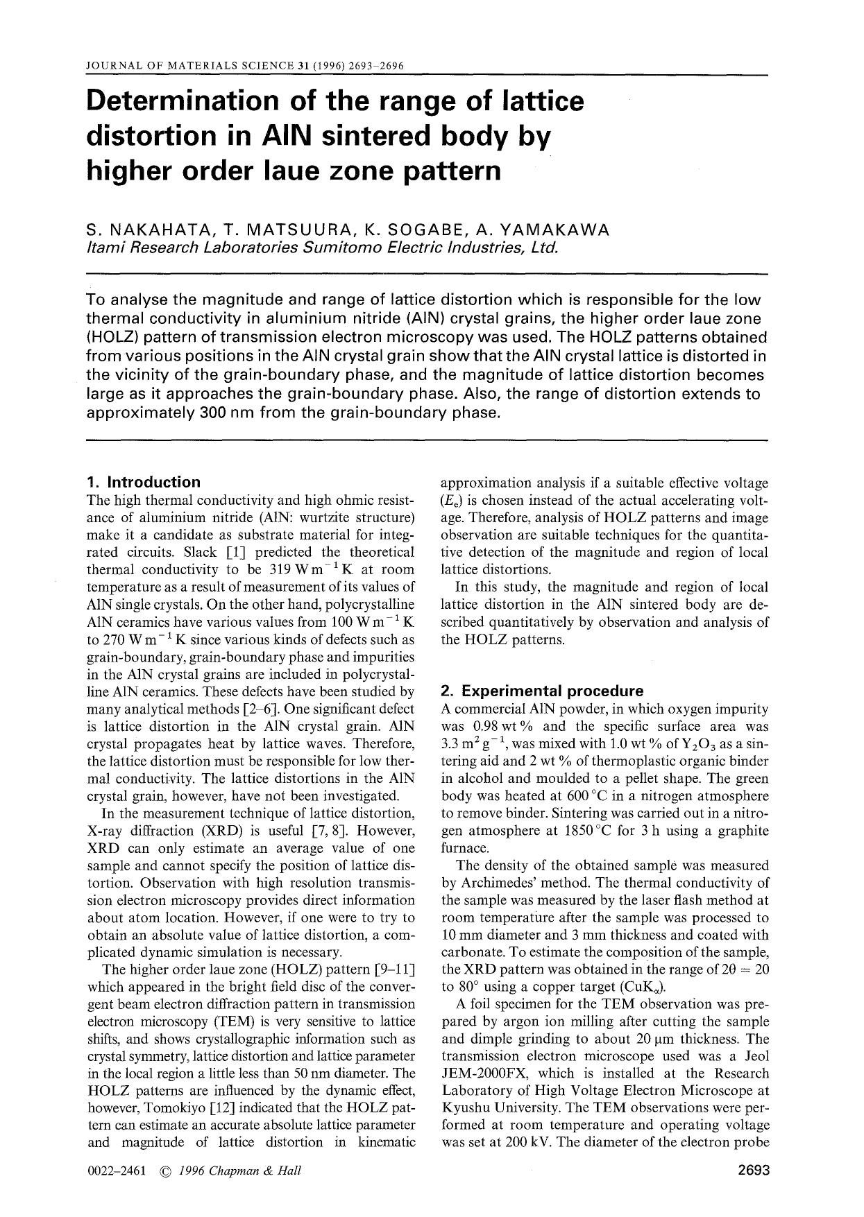 Determination of the range of lattice distortion in AIN sintered body by higher order laue zone pattern by Unknown