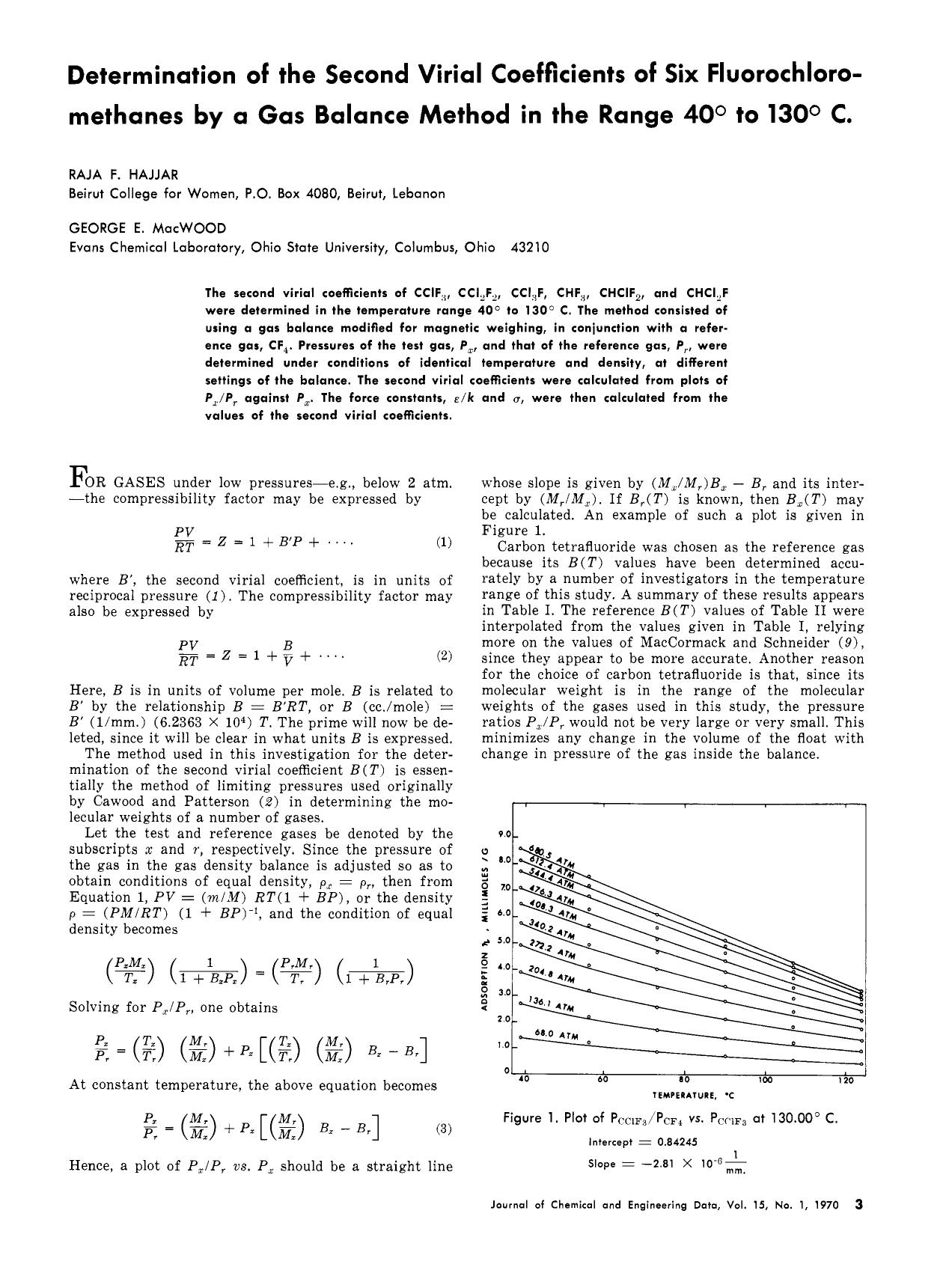 Determination of the second virial coefficients of six fluorochloromethanes by a gas balance method in the range 40.deg. to 130.deg. by Raja F. Hajjar George E. MacWood