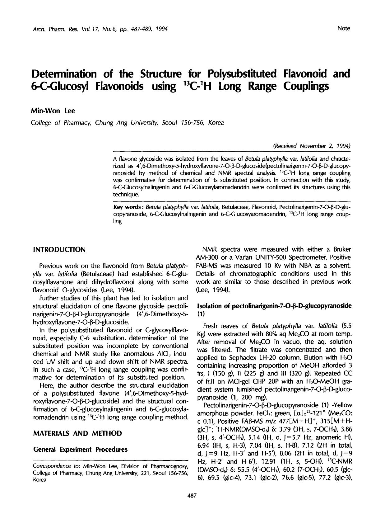 Determination of the structure for polysubstituted flavonoid and 6-C-glucosyl flavonoids using <Superscript>13 <Superscript>C- <Superscript>1 <Superscript>H long range couplings by Unknown