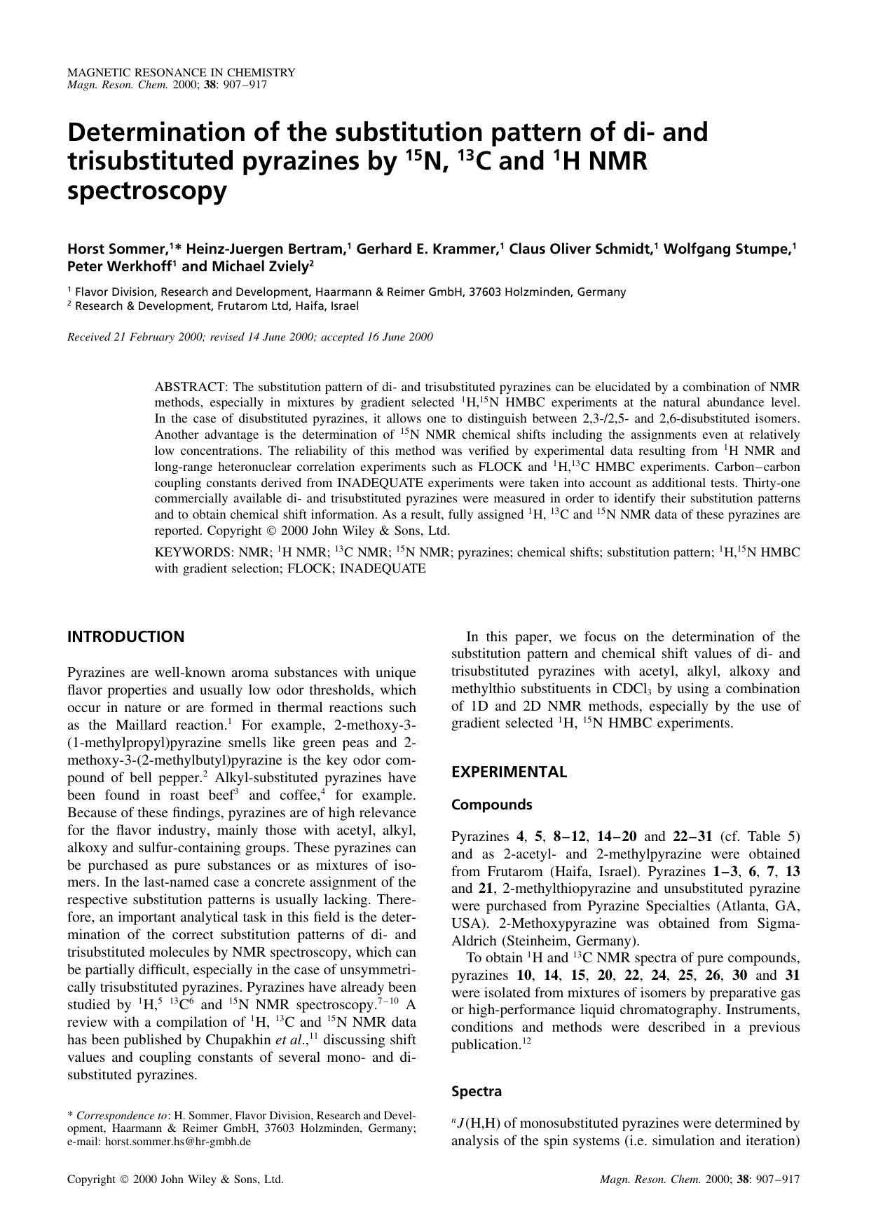 Determination of the substitution pattern of di- and trisubstituted pyrazines by 15N, 13C and 1H NMR spectroscopy by Unknown