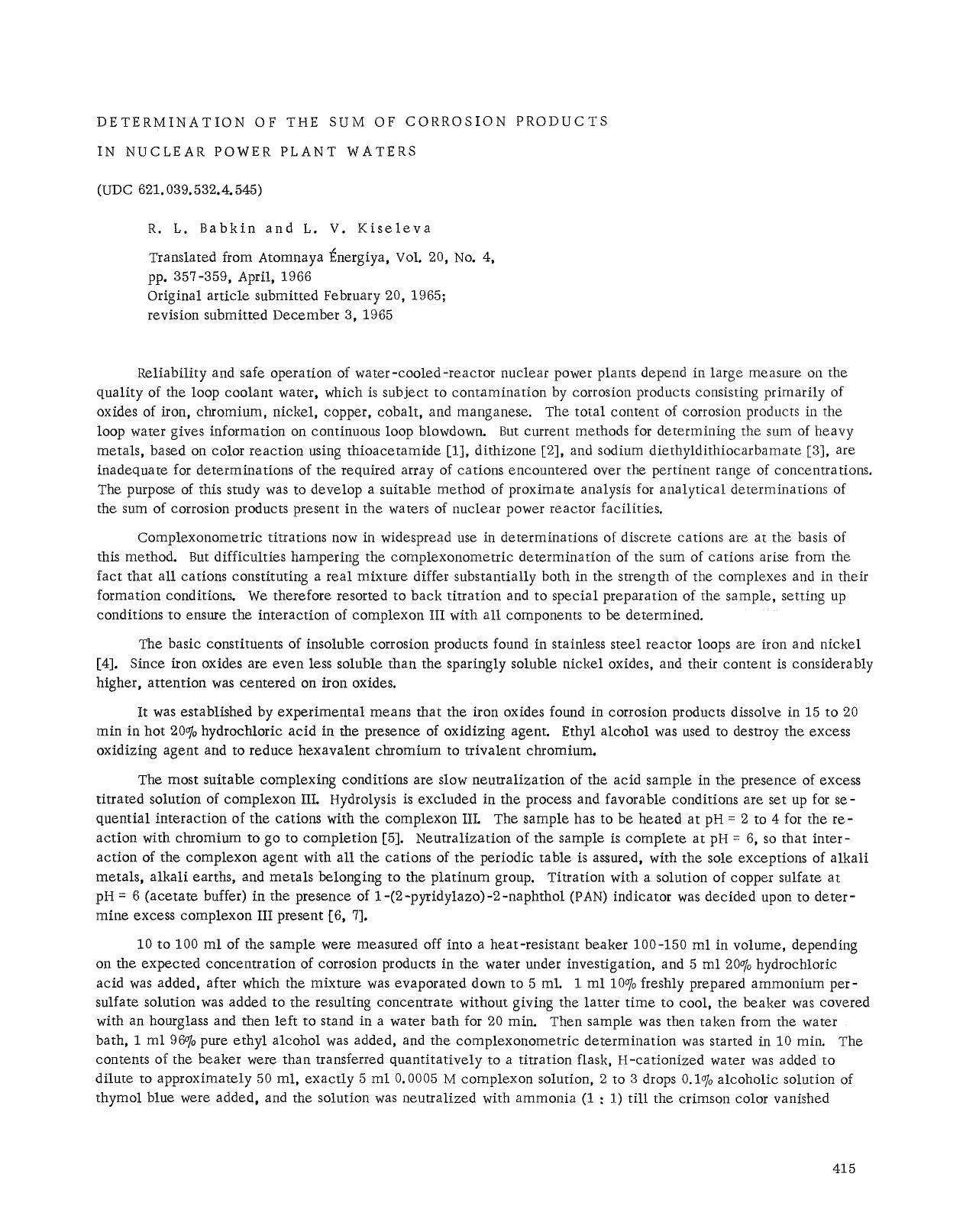 Determination of the sum of corrosion products in nuclear power plant waters by Unknown