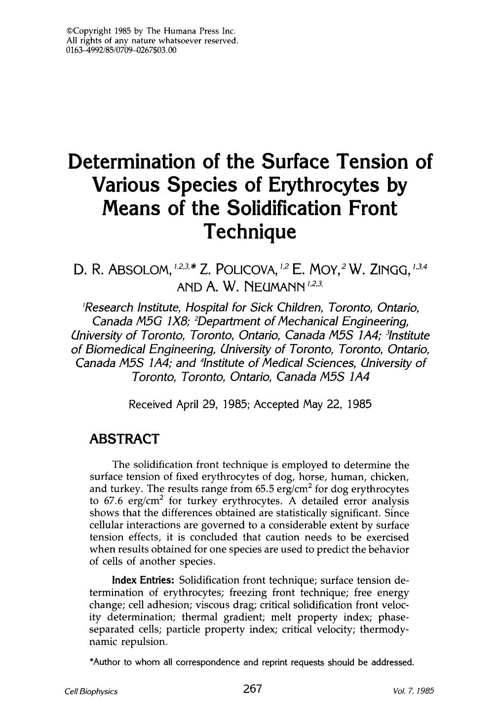 Determination of the surface tension of various species of erythrocytes by means of the solidification front technique by Unknown