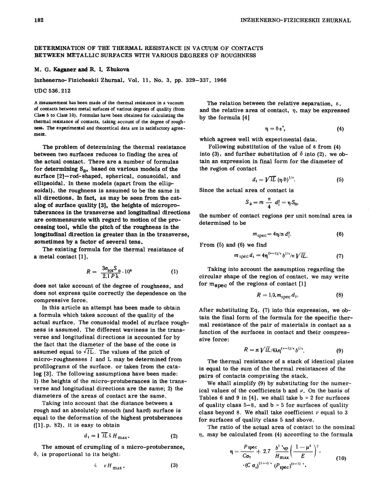 Determination of the thermal resistance in vacuum of contacts between metallic surfaces with various degrees of roughness by Unknown
