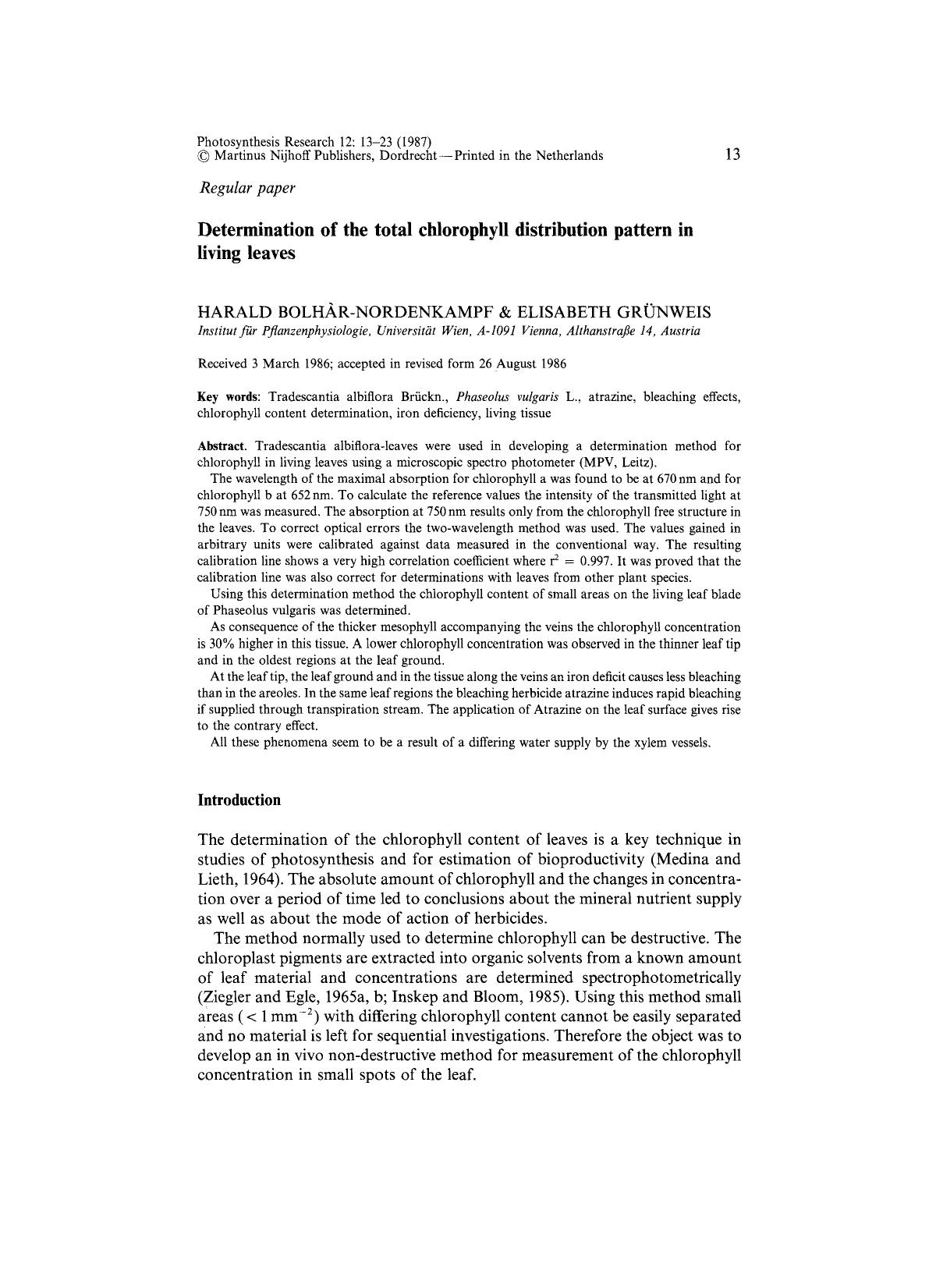 Determination of the total chlorophyll distribution pattern in living leaves by Unknown