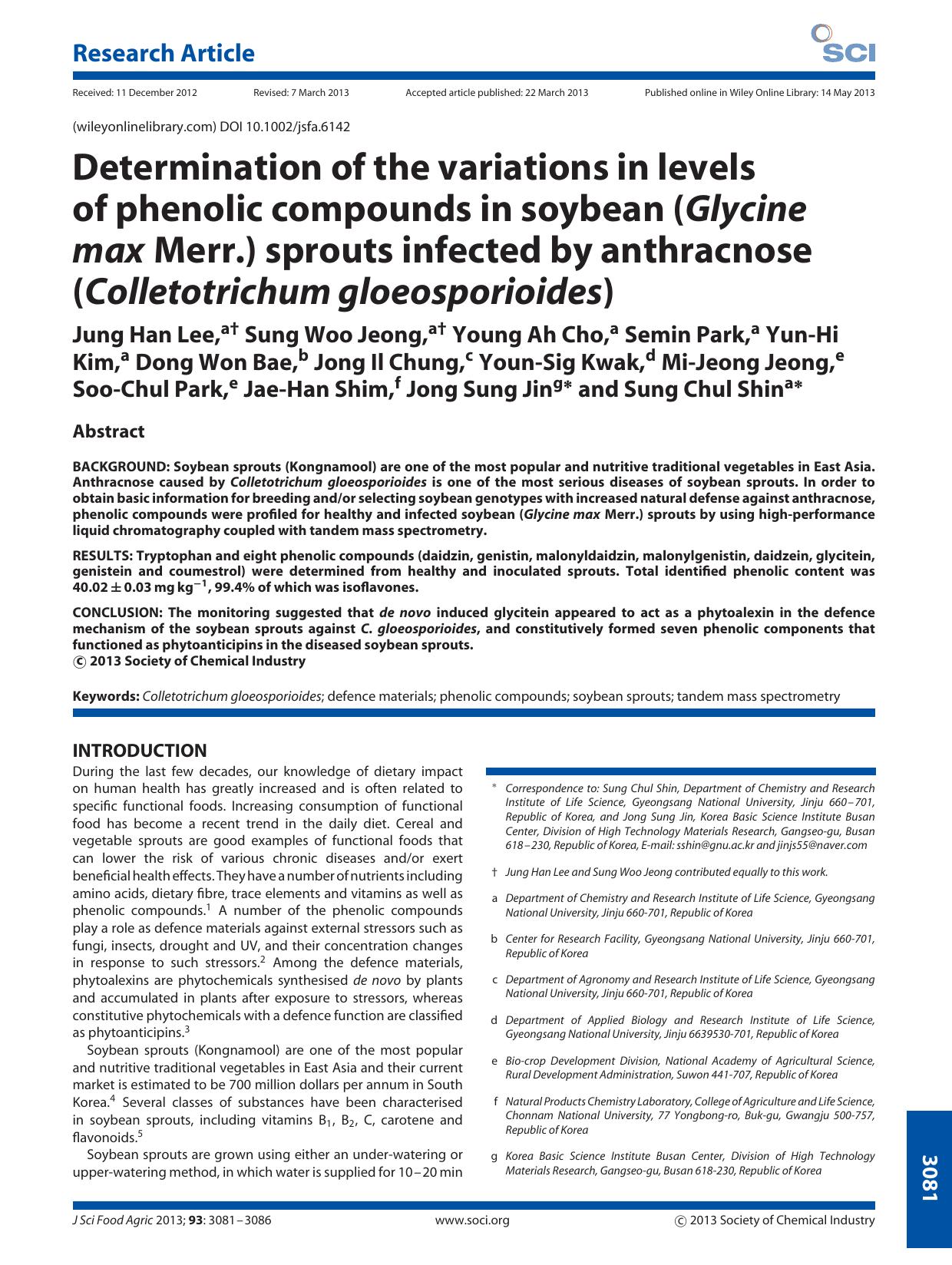 Determination of the variations in levels of phenolic compounds in soybean (Glycine max Merr.) sprouts infected by anthracnose (Colletotrichum gloeosporioides) by Unknown