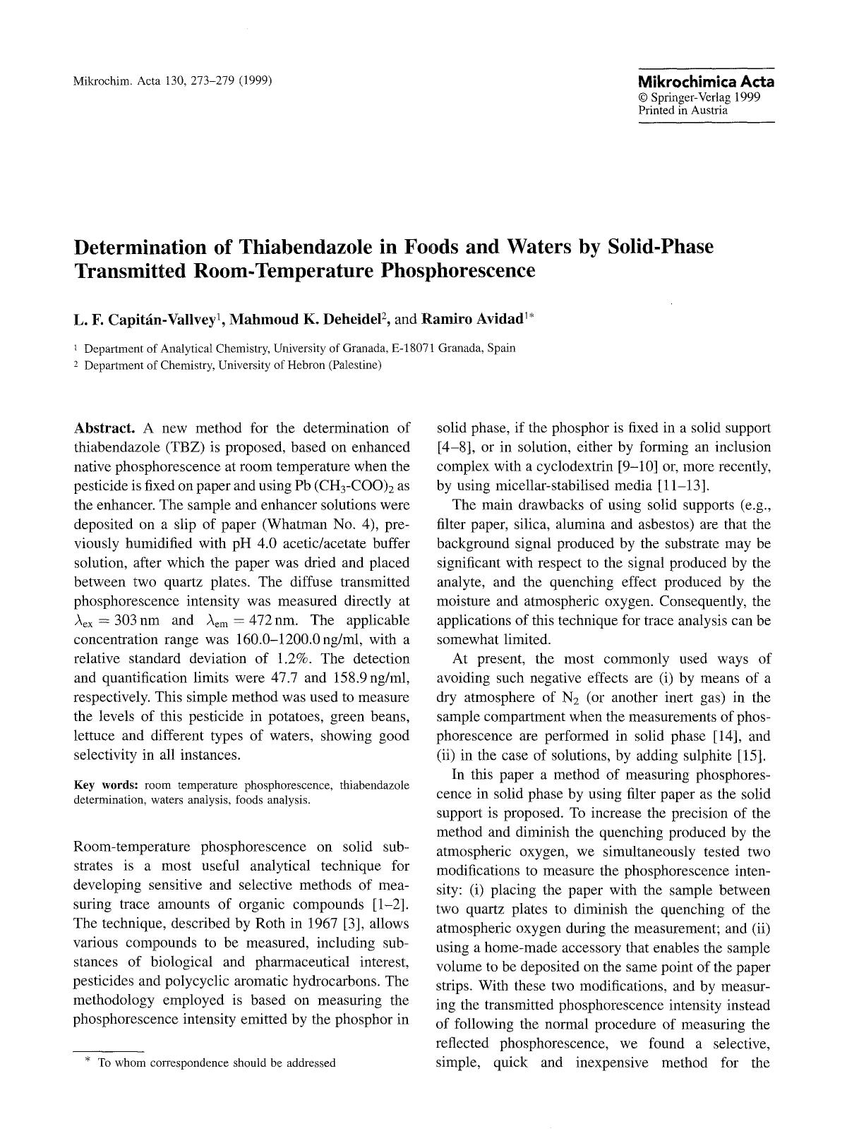 Determination of thiabendazole in foods and waters by solid-phase transmitted room-temperature phosphorescence by Unknown
