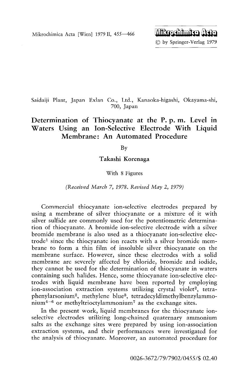 Determination of thiocyanate at the P. p. m. level in waters using an ion-selective electrode with liquid membrane: An automated procedure by Unknown