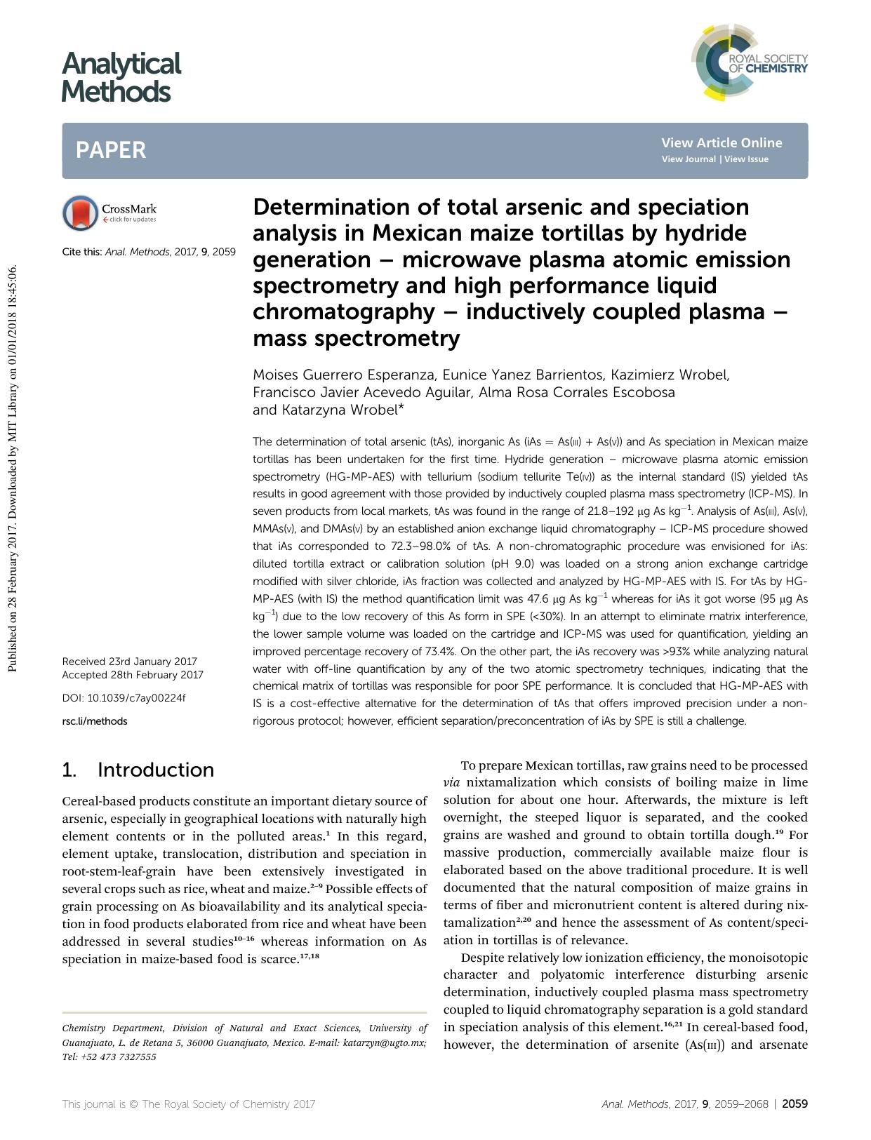 Determination of total arsenic and speciation analysis in Mexican maize tortillas by hydride generation â microwave plasma atomic emission spectrometry and high performance liqui by unknow