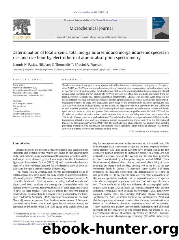 Determination of total arsenic, total inorganic arsenic and inorganic arsenic species in rice and rice flour by electrothermal atomic absorption spectrometry by Ioannis N. Pasias & Nikolaos S. Thomaidis & Efrosini A. Piperaki