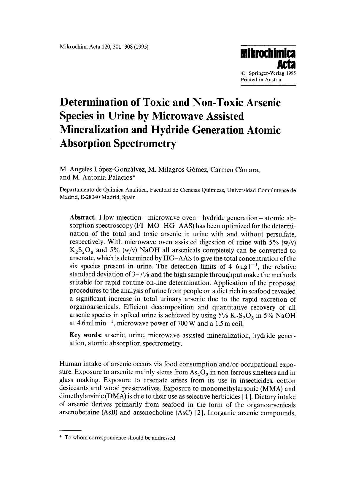 Determination of toxic and non-toxic arsenic species in urine by microwave assisted mineralization and hydride generation atomic absorption spectrometry by Unknown