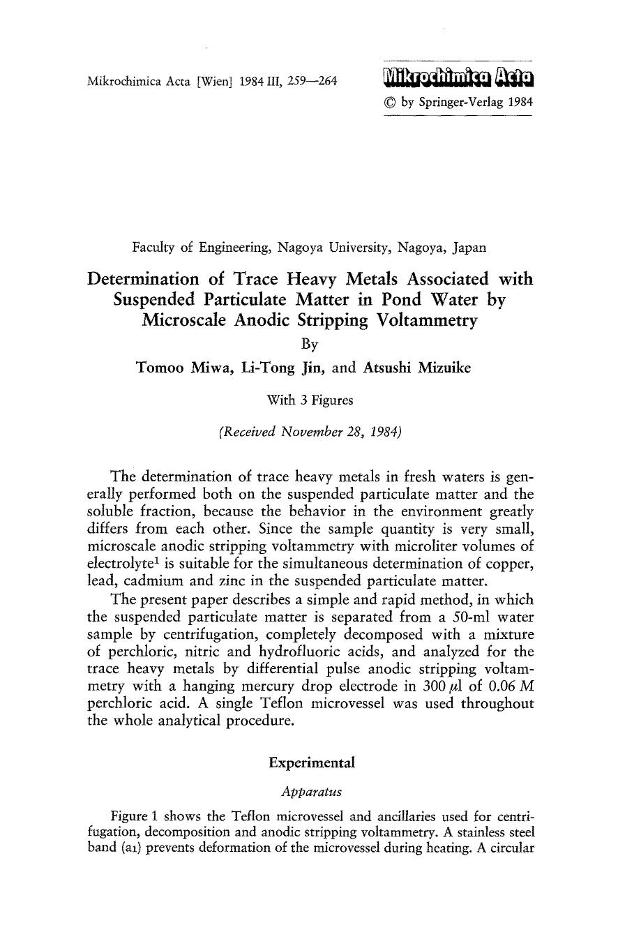 Determination of trace heavy metals associated with suspended particulate matter in pond water by microscale anodic stripping voltammetry by Unknown